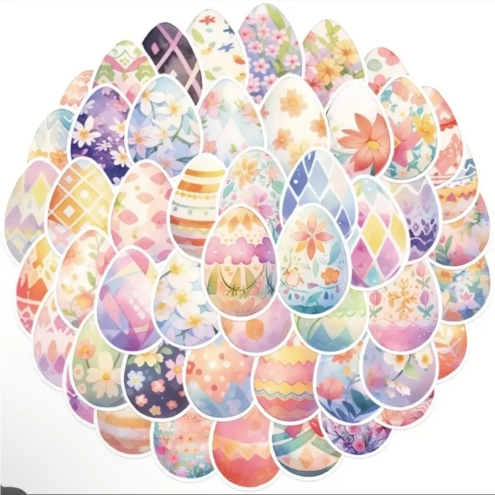 50 Easter Eggs Stickers Different Designs 2 Inch Spring Colors Basket